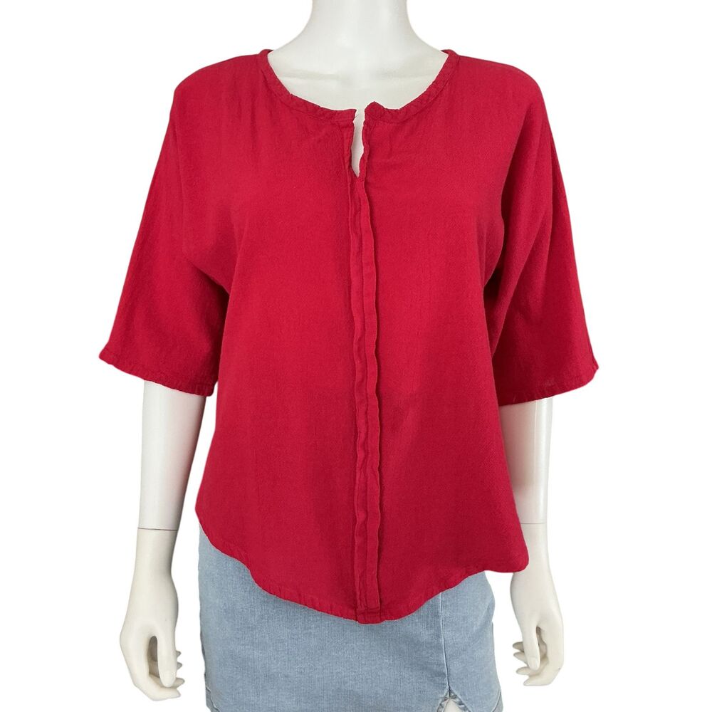 Oh My Gauze! Top Womens Size 1 S/M Red Short Sleeve Split Neck Cotton Asymmetric
